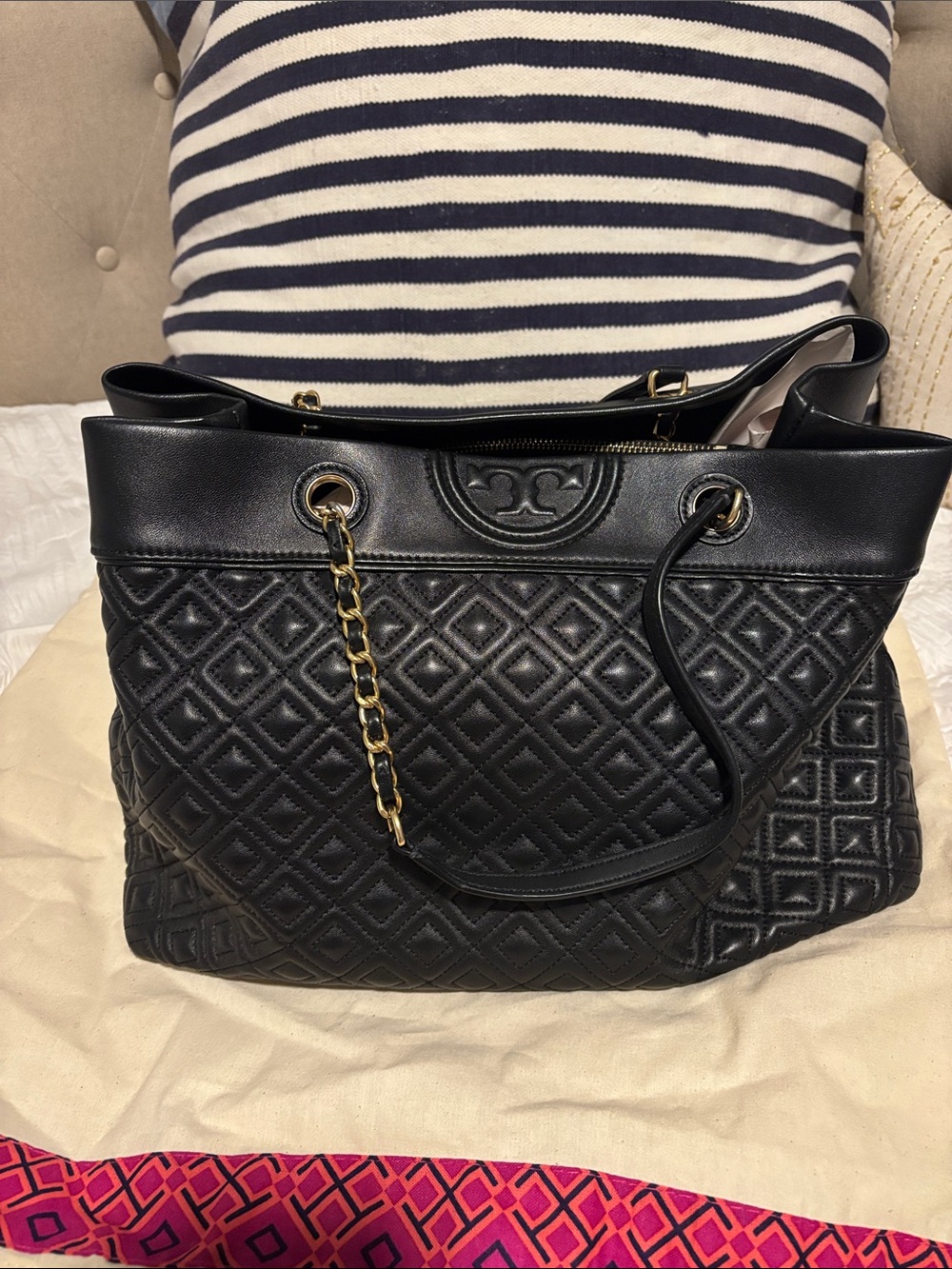 Tory Burch Black Quilted Leather Tote with Gold Chain Detail